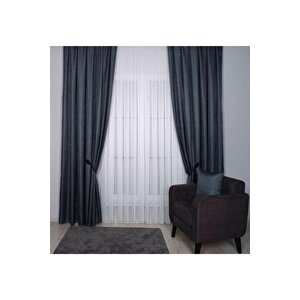 Hasır Dokulu Lüks Fon Perde Pilesiz Tek Kanat Mavi Siyah 140x260 cm