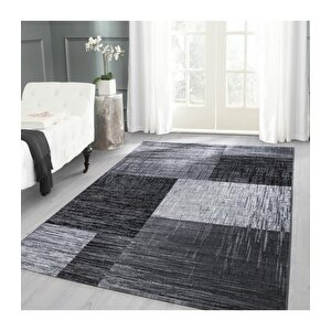 Modern Desenli Halı Kareli Ve Taramalı Tasarım Siyah Gri Beyaz 80x300 cm