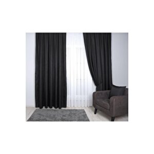 Hasır Dokulu Lüks Fon Perde Pilesiz Tek Kanat Siyah 300x280 cm