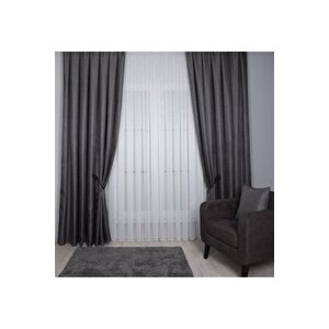 Hasır Dokulu Lüks Fon Perde Pilesiz Tek Kanat Koyu Gri 180x270 cm