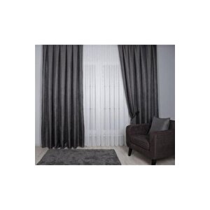 Hasır Dokulu Lüks Fon Perde Pilesiz Tek Kanat Koyu Gri 180x270 cm