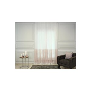 Pembe Su Dalgası Nakış İşlemeli Düz Tül Perde Ekru Renginde 100x280 cm