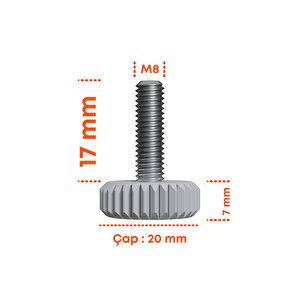 Çap 20 Mm Sıkma Baza Ayar Vidası Yükseltme Ayağı Tırtıllı M8 X 17 Mm 5 Adet