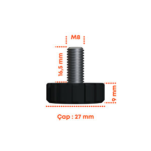 Çap 27 Mm Sıkma Baza Ayar Vidası Yükseltme Ayağı Tırtıllı M8 X 16,5 Mm 5 Adet