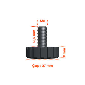 Çap 27 Mm Sıkma Baza Ayar Vidası Yükseltme Ayağı Tırtıllı M8 X 16,5 Mm 5 Adet