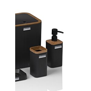 Okyanus Home Mina Siyah Ahşap Desenli Çizgili Kare 5'li Banyo Seti