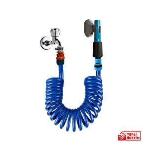 Spiral Balkon Tuvalet Ve Banyo Yıkama Hortum Seti Kelepçe Rekorlu Lans Set Mavi 5 metre