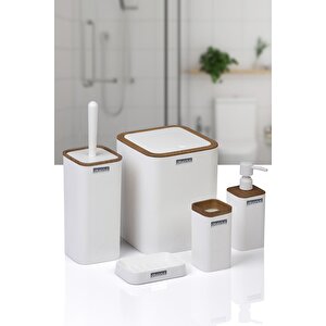 Mina Beyaz Ahşap Desenli Çizgili Kare 5'li Banyo Seti