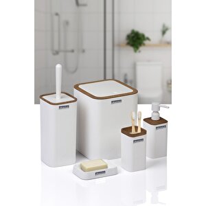 Mina Beyaz Ahşap Desenli Çizgili Kare 5'li Banyo Seti