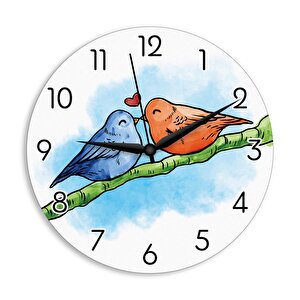 Cajuart Dal Üstünde Aşık Kuşlar Sevgili Temalı Ahşap Duvar Saati Hediye