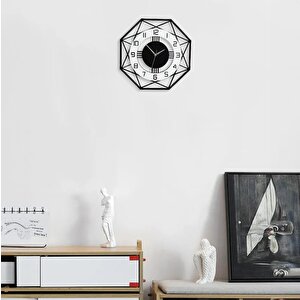 Cajuart Sekizgen Geometrik Ahşap Tasarım 40 Cm Modern Duvar Saati Siyah Beyaz