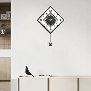 Dörtgen Geometrik Tasarım 50 Cm Modern Ahşap Sarkaçlı Duvar Saati Siyah Beyaz