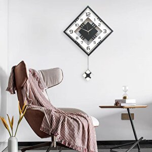 Dörtgen Geometrik Tasarım 50 Cm Modern Ahşap Sarkaçlı Duvar Saati Siyah Beyaz