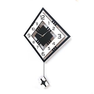 Dörtgen Geometrik Tasarım 50 Cm Modern Ahşap Sarkaçlı Duvar Saati Siyah Beyaz