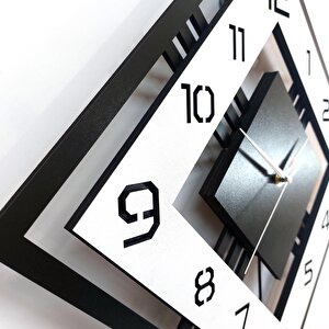 Dörtgen Geometrik Tasarım 50 Cm Modern Ahşap Sarkaçlı Duvar Saati Siyah Beyaz