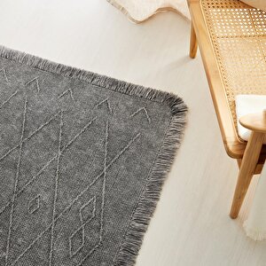 Ocean Home Textile Yıkanabilir Saçaklı Antrasit Renk Pamuklu Halı Kilim 70 X 160 Cm