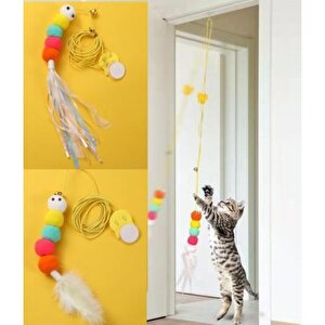 Kendinden Yapışkanlı Kedi Oyun Oltası Elastik Tüylü Kedi Oyuncağı Çıngıraklı Kedi Oyun Oltası 2 Metre Ayarlanabilir Ölçü