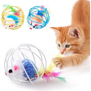 6cm Fareli Kedi Oyun Topu Köpek Oyuncağı Kafesli Renkli Fareli Kedi Köpek Oyun Topu Peluş Kedi Oyuncağı
