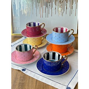 Çay Fincan Takımı Renkli Puantiye 6 Kişilik 12 Parça