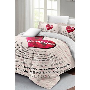 King Size Sevgililer Günü Çift Kişilik Nevresim Takımı%100 Pamuk Saten Darling White