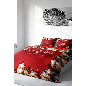 King Size Yılbaşı Süsü Merry Christmas Çift Kişilik 3d Nevresim Takımı Pamuk Saten Red Stars