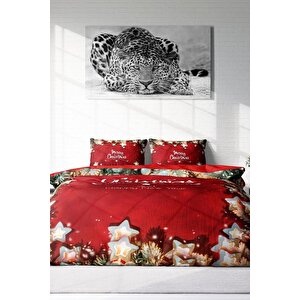 King Size Yılbaşı Süsü Merry Christmas Çift Kişilik 3d Nevresim Takımı Pamuk Saten Red Stars