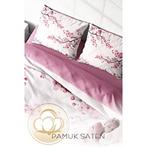 King Size Kiraz Çiçeği 3d Pamuk Saten Çift Kişilik Nevresim Takımı