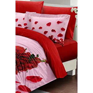 King Size Sevgililer Günü Çift Kişilik Nevresim Takımı%100 Pamuk Saten Gül Aşkına