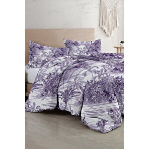 King Size Çift Kişilik Nevresim Takımı %100 Pamuk Saten Tuval Tropical Island Purple