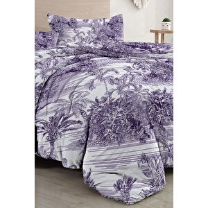 King Size Çift Kişilik Nevresim Takımı %100 Pamuk Saten Tuval Tropical Island Purple