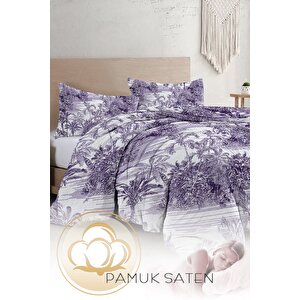 King Size Çift Kişilik Nevresim Takımı %100 Pamuk Saten Tuval Tropical Island Purple