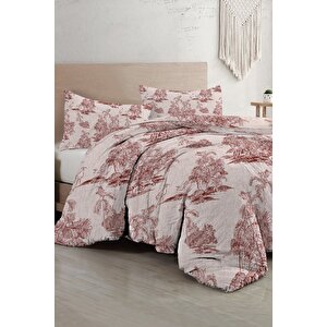 King Size Çift Kişilik Nevresim Takımı %100 Pamuk Saten Tuval Jungle Red