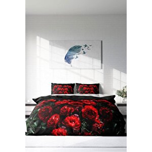 King Size Red Black Roses 3d Çift Kişilik Nevresim Takımı