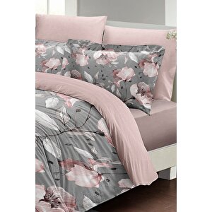 King Size Gray Rose Çift Kişilik Nevresim Takımı 3d Pamuk Saten