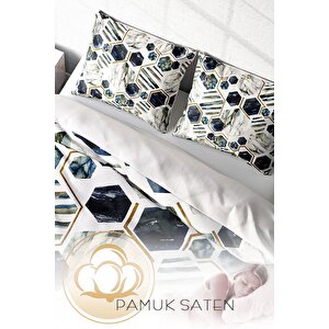 King Size White Hexagon Pamuk Saten Çift Kişilik Nevresim Takımı 3d