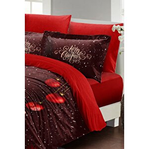 King Size Yılbaşı Süsü Red Ball Noel %100 Pamuk Saten 3d Çift Kişilik Nevresim Takımı