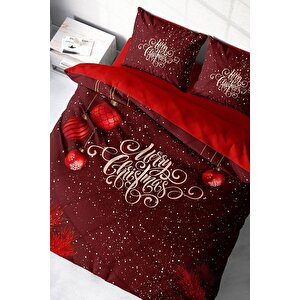 King Size Yılbaşı Süsü Red Ball Noel %100 Pamuk Saten 3d Çift Kişilik Nevresim Takımı