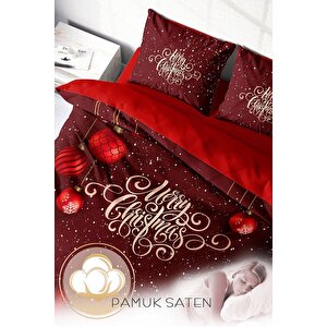 King Size Yılbaşı Süsü Red Ball Noel %100 Pamuk Saten 3d Çift Kişilik Nevresim Takımı