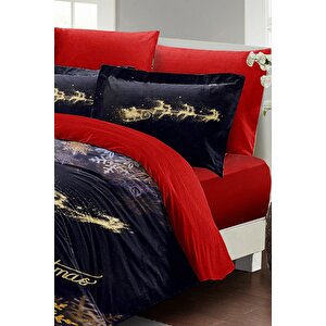 King Size Yılbaşı Süsü Black & Red Noel %100 Pamuk Saten 3d Çift Kişilik Nevresim Takımı