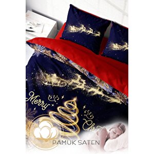 King Size Yılbaşı Süsü Black & Red Noel %100 Pamuk Saten 3d Çift Kişilik Nevresim Takımı