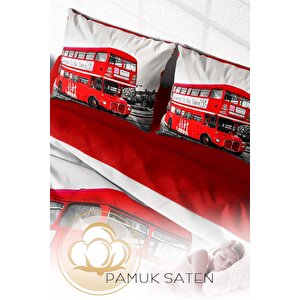 King Size London Bus 3d Pamuk Saten Çift Kişilik Nevresim Takımı