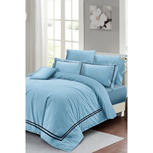 King Size Çift Kişilik Nevresim Takımı %100 Luxury Pamuk Saten Mavi