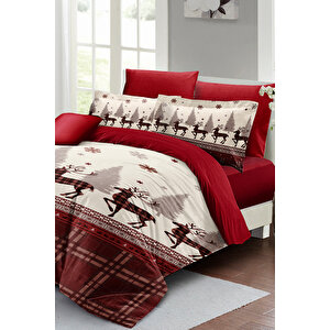 King Size Yılbaşı Nevresim Takımı Çift Kişilik %100 Pamuk Saten Red Deers