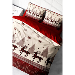 King Size Yılbaşı Nevresim Takımı Çift Kişilik %100 Pamuk Saten Red Deers