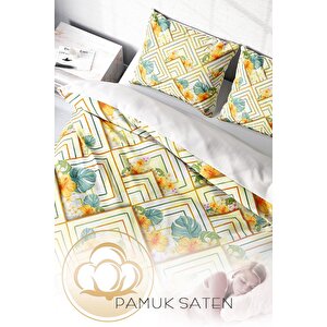 King Size Çift Kişilik Flower Squares 3d Pamuk Saten Nevresim Takımı