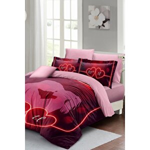 King Size Sevgililer Günü Çift Kişilik Nevresim Takımı%100 Pamuk Saten Love U