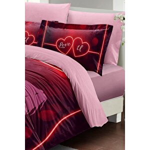 King Size Sevgililer Günü Çift Kişilik Nevresim Takımı%100 Pamuk Saten Love U