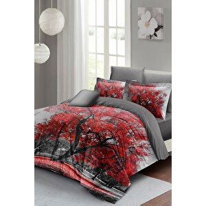 King Size Red Tree Çift Kişilik Nevresim Takımı 3d Pamuk Saten