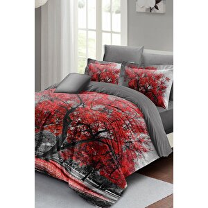 King Size Red Tree Çift Kişilik Nevresim Takımı 3d Pamuk Saten