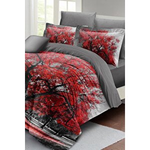 King Size Red Tree Çift Kişilik Nevresim Takımı 3d Pamuk Saten